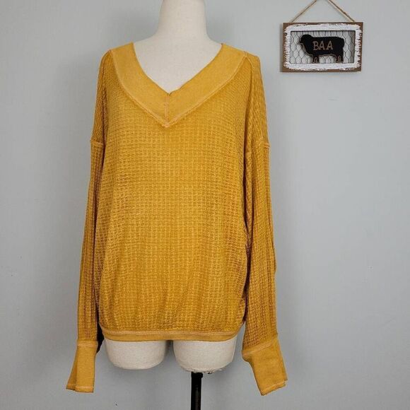 Free People South Side Thermal Top Sz S Oversized Knit Mustard Yellow Sheer‎ - Picture 1 of 7